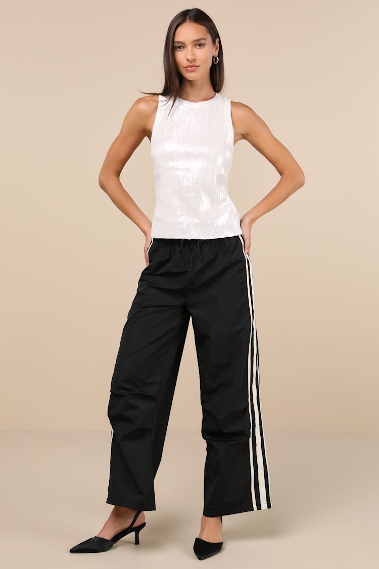 Sporty Sweetie Black Nylon Drawstring Wide-Leg Athletic Pants