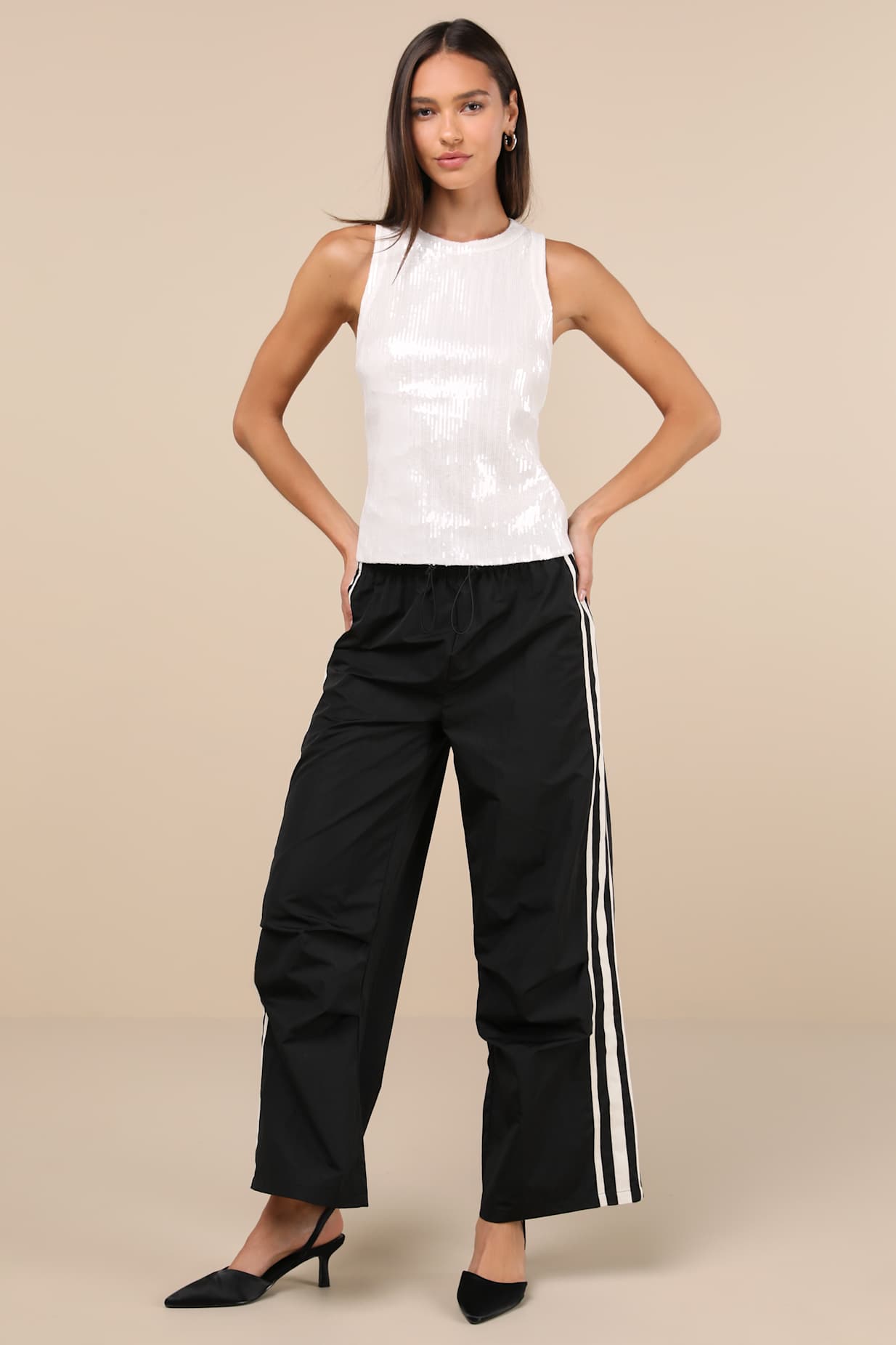 Sporty Sweetie Black Nylon Drawstring Wide-Leg Athletic Pants