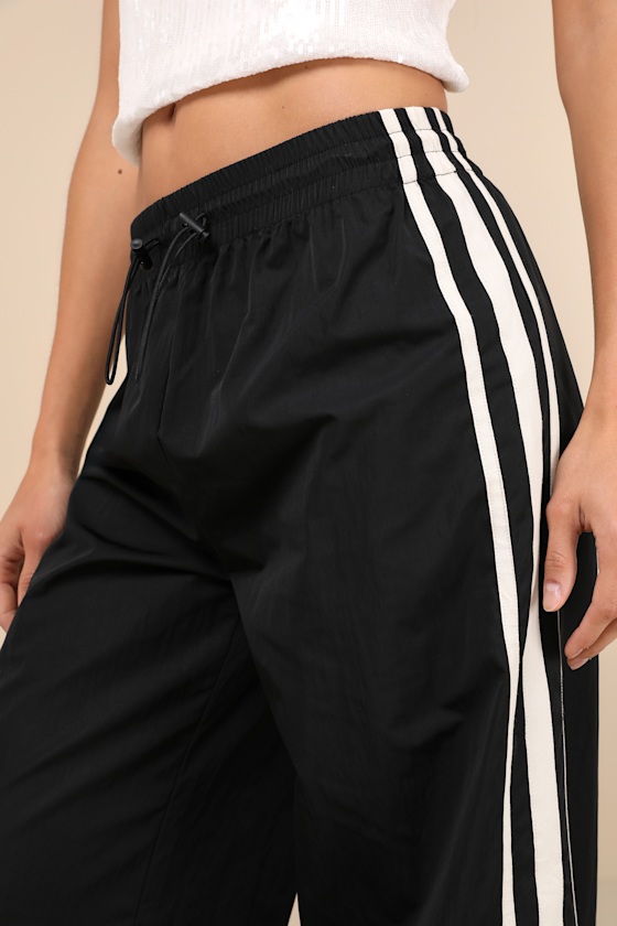 Lulus Sporty Sweetie Black Nylon Drawstring Wide-leg Athletic Pants In Black