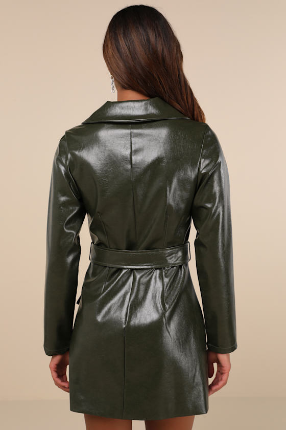 Lulus High-class Option Dark Olive Faux Leather Trench Dress In Green