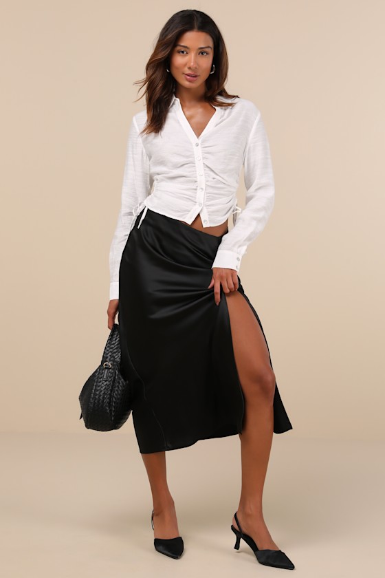 LULUS CULTIVATED CRUSH WHITE BURNOUT RUCHED BUTTON-UP LONG SLEEVE TOP