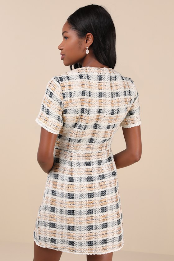 Beige Tweed Sequin Dress - Lurex Short Sleeve Dress - Mini