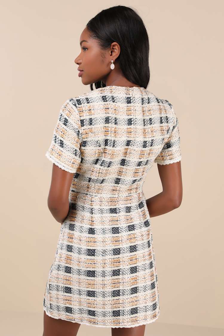 Uniquely Posh Beige Tweed Sequin Lurex Short Sleeve Mini Dress