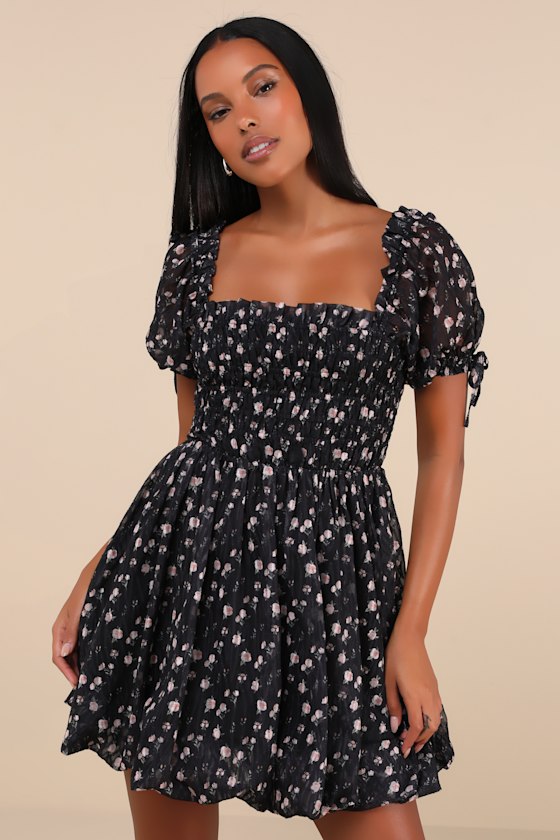 Lulus Delightful Crush Black Floral Smocked Puff Sleeve Mini Dress In Black