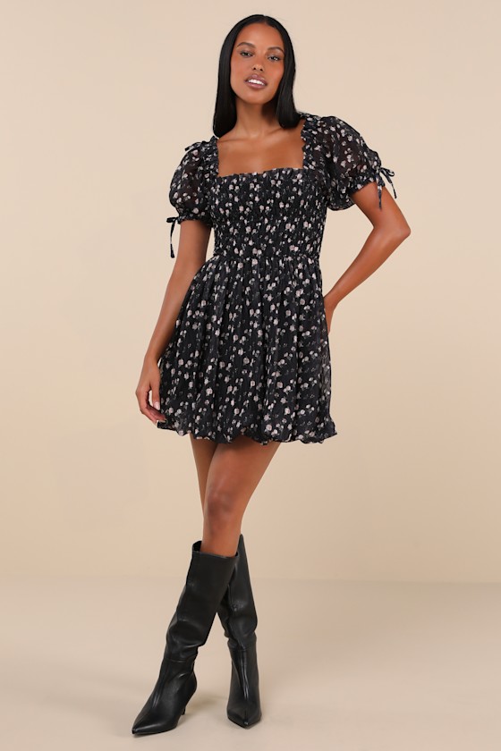 Image of Delightful Crush Black Floral Smocked Puff Sleeve Mini Dress