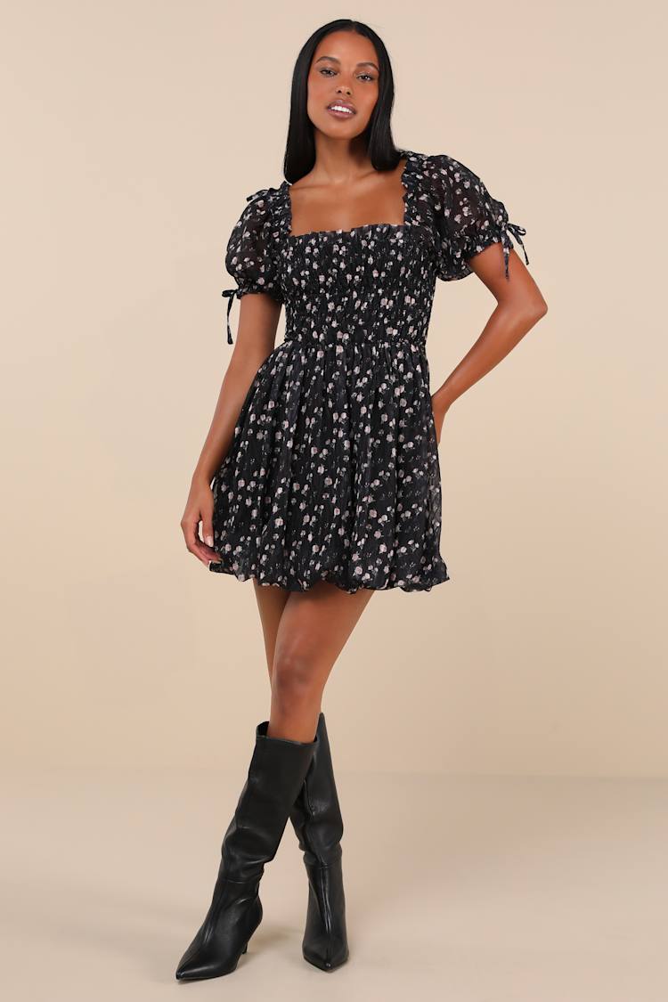 black arabesque floral puff sleeve mini dress Enchanted Petals Black Floral Balloon Sleeve Mini Dress