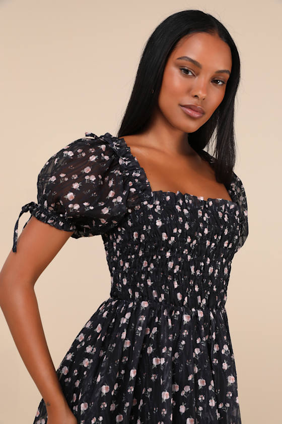 Lulus Delightful Crush Black Floral Smocked Puff Sleeve Mini Dress In Black