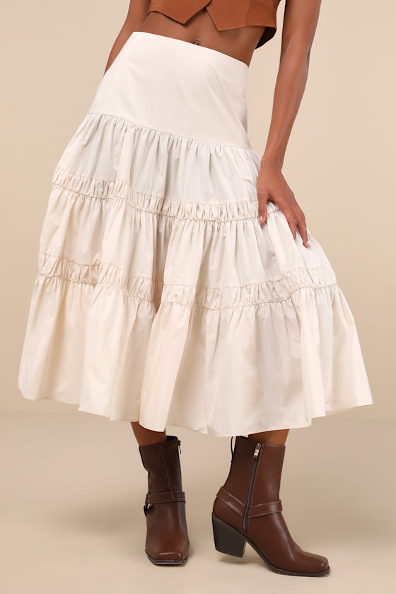 Lulus Darling Flourish Cream Tiered High-rise Midi Skirt In White