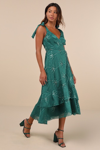 Elegant Direction Green Embroidered Ruffled Tie-Strap Midi Dress 2