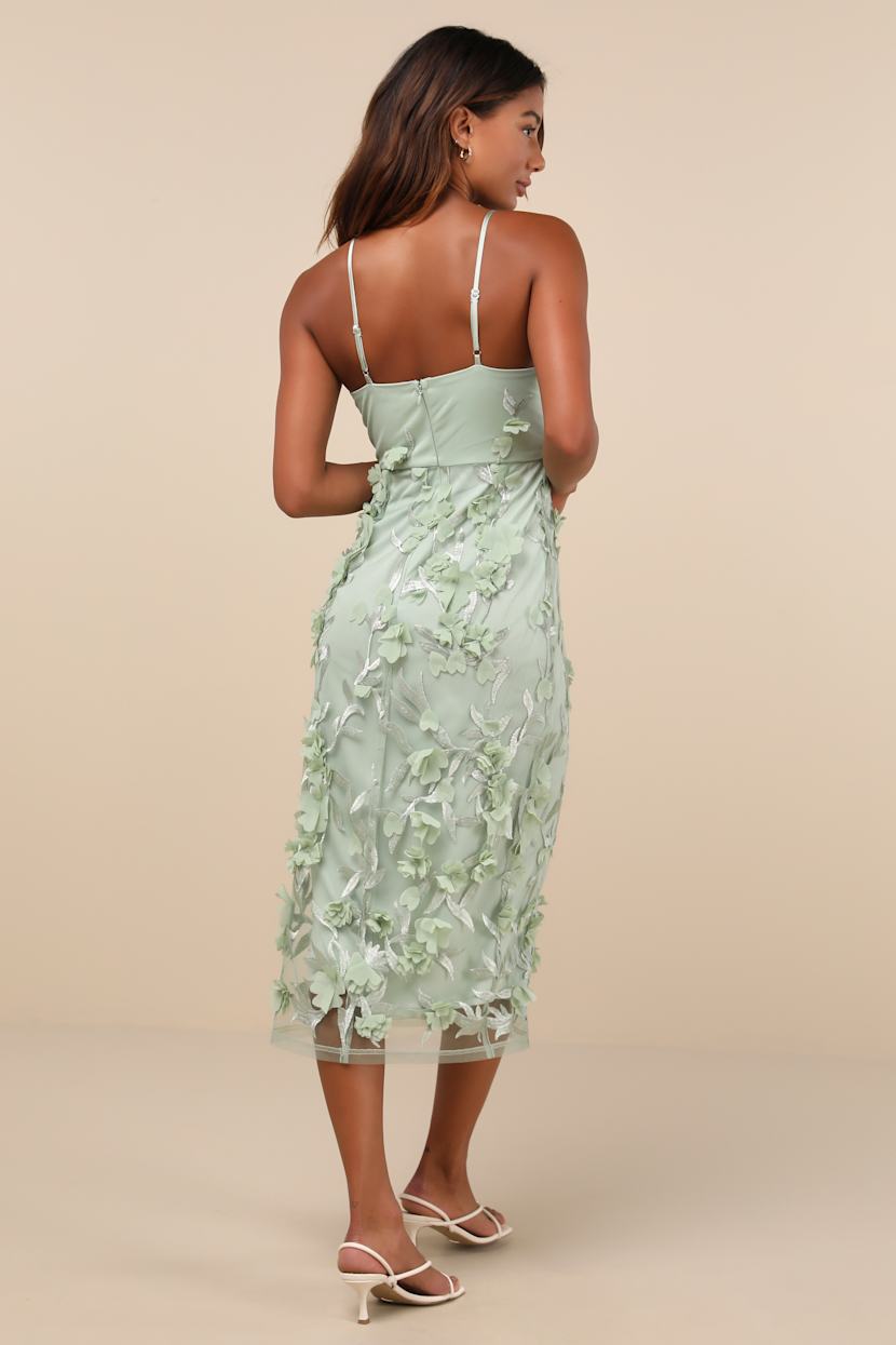 Sage Green Dress - 3D Floral Midi Dress - Cute Embroidered Dress - Lulus