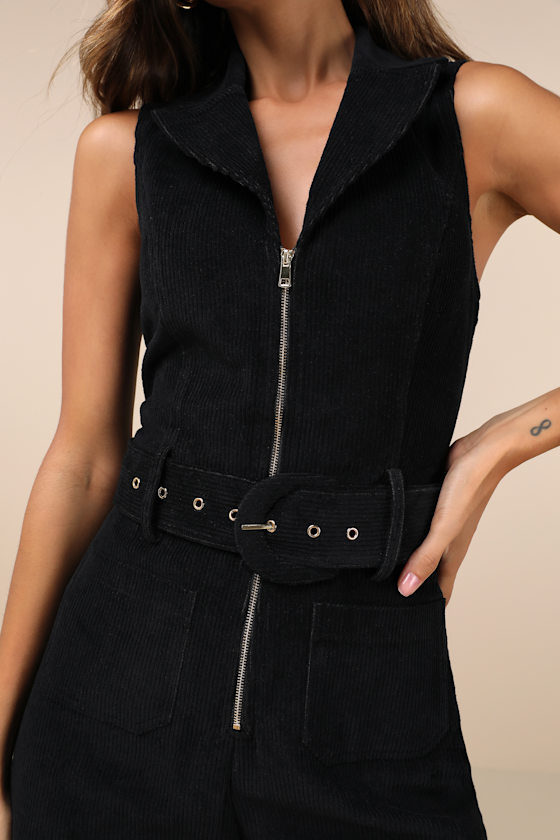 Black Sleeveless Jumpsuit - Corduroy Jumpsuit - Belted Black Sleeveless Jumpsuit - Corduroy Jumpsuit - Belted
