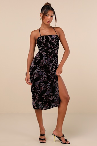 Elegant Persuasion Black Burnout Velvet Lace-Up Midi Dress 3