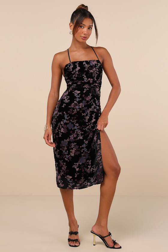Black Burnout Velvet Dress - Lace-Up Midi Dress - Floral Dress - Lulus