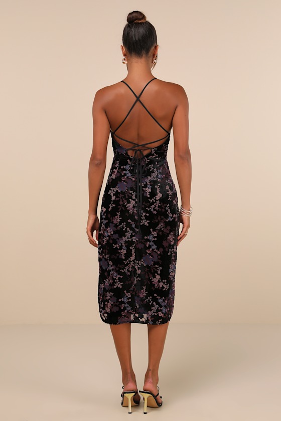 Lulus Elegant Persuasion Black Burnout Velvet Lace-up Midi Dress In Black