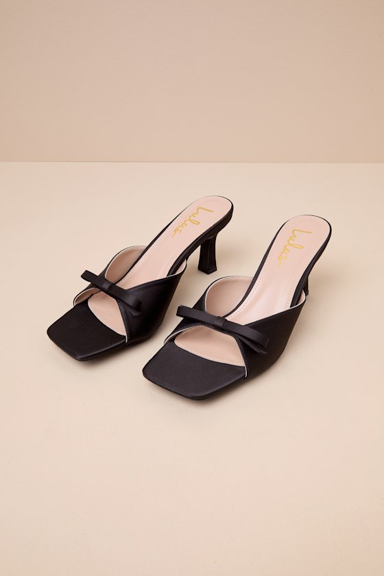 Octavie Black Satin Bow High Heel Slide Sandals 1