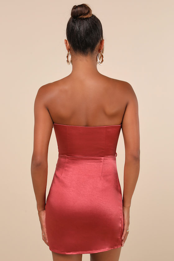Enticing Aesthetic Rusty Rose Satin Lace-Up Strapless Mini Dress 1