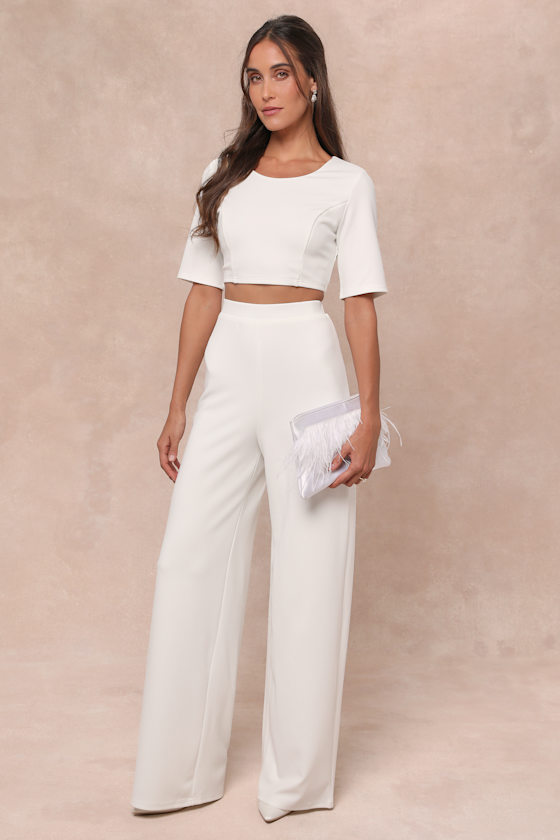 Chic Display White Short Sleeve Wide-Leg Two-Piece Jumpsuit 1