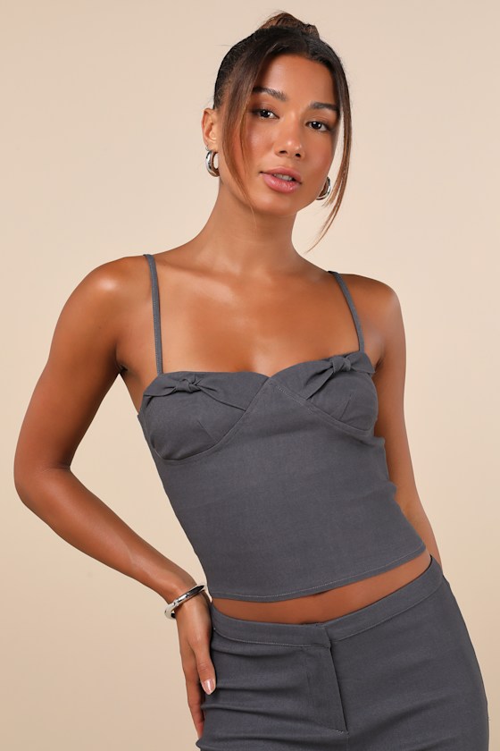 Katira Charcoal Grey Knotted Bustier Cami Crop Top 2
