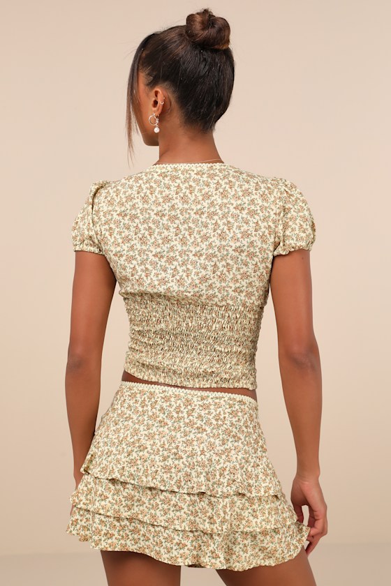 Motel Camigi Yellow Ditsy Floral Tiered Micro Mini Skirt In Yellow