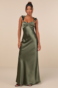 Exuberant Luxury Olive Green Satin Ruffled Lace-Up Maxi Dress 1