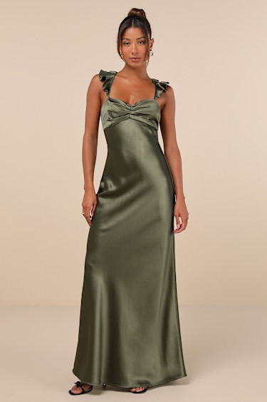 Green Bridesmaid Dress Satin Maxi Dress Lace-Up Maxi Dress Lulus