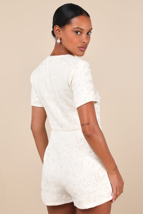 Cream Skort Romper - Sequin Tweed Romper - Short Sleeve