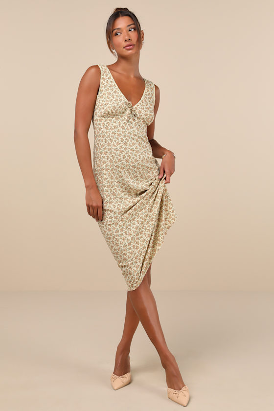 Lavisha Pale Yellow Floral Lace Sleeveless Slip Midi Dress 4