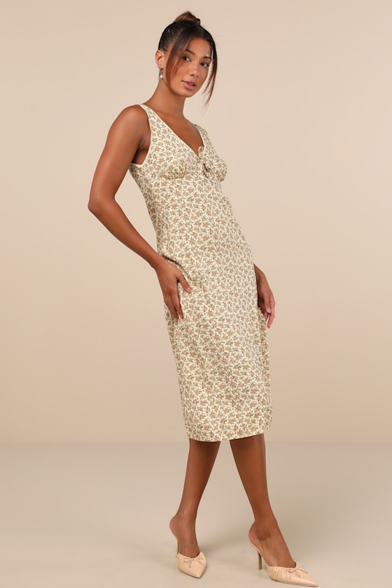 Lavisha Pale Yellow Floral Lace Sleeveless Slip Midi Dress 2