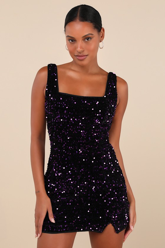 Seeing Sparkles Purple Velvet Sequin Square Neck Mini Dress 5