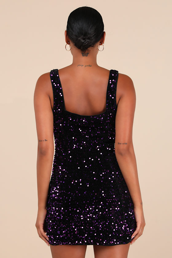 Lulus Seeing Sparkles Dark Purple Velvet Sequin Square Neck Mini Dress In Purple