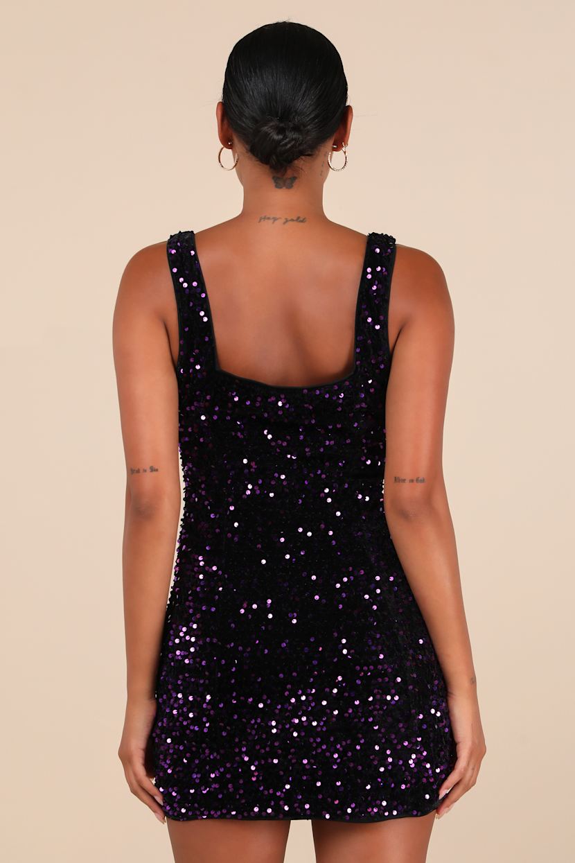 Dark Purple Mini Dress - Sequin Velvet Dress - Square Neck Dress - Lulus