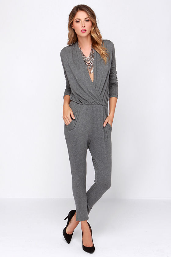 Cool Grey Jumpsuit - Surplice Jumpsuit - Long Sleeve Jumpsuit - $34.00 ...