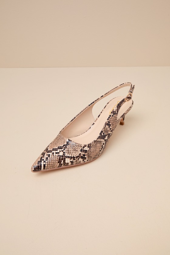 LULUS FOSETTE BROWN SNAKE POINTED-TOE SLINGBACK PUMPS
