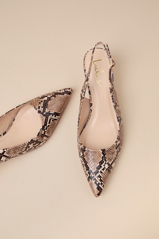 LULUS FOSETTE BROWN SNAKE POINTED-TOE SLINGBACK PUMPS