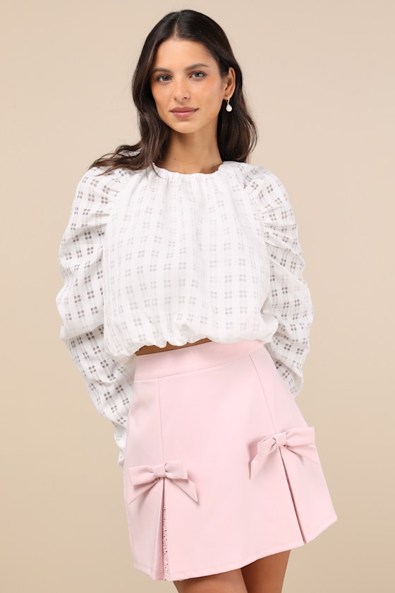 Lulus Unique Statement White Burnout Plaid Ruched Long Sleeve Top In White