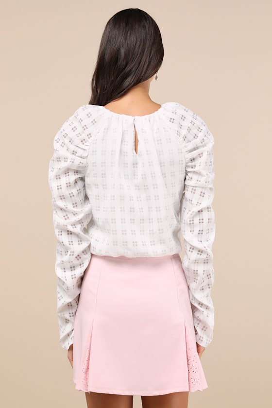 Lulus Unique Statement White Burnout Plaid Ruched Long Sleeve Top In White