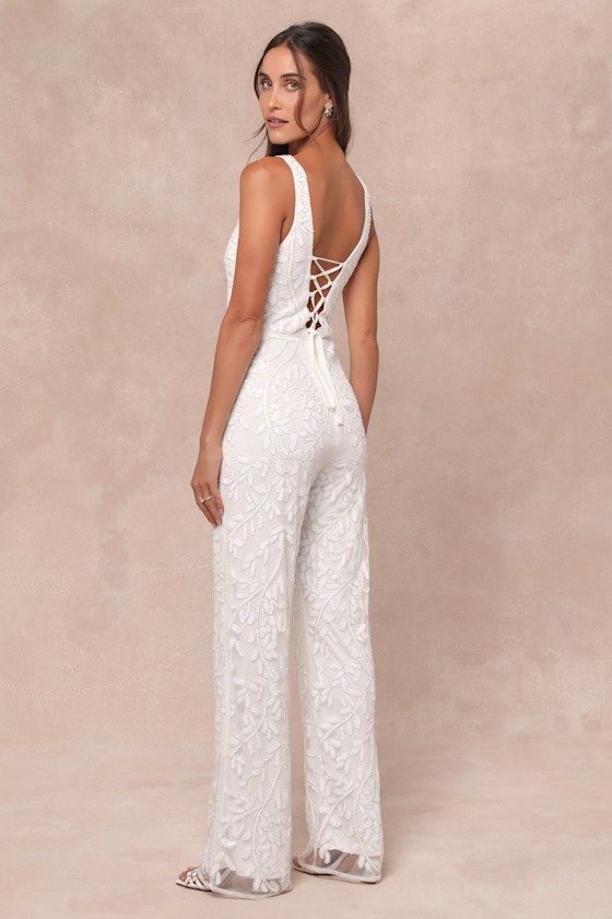 LULUS GLITTERING INFLUENCE WHITE MESH BEADED LACE-UP JUMPSUIT