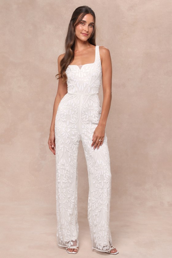 LULUS GLITTERING INFLUENCE WHITE MESH BEADED LACE-UP JUMPSUIT