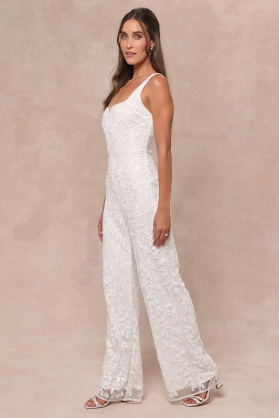 LULUS GLITTERING INFLUENCE WHITE MESH BEADED LACE-UP JUMPSUIT