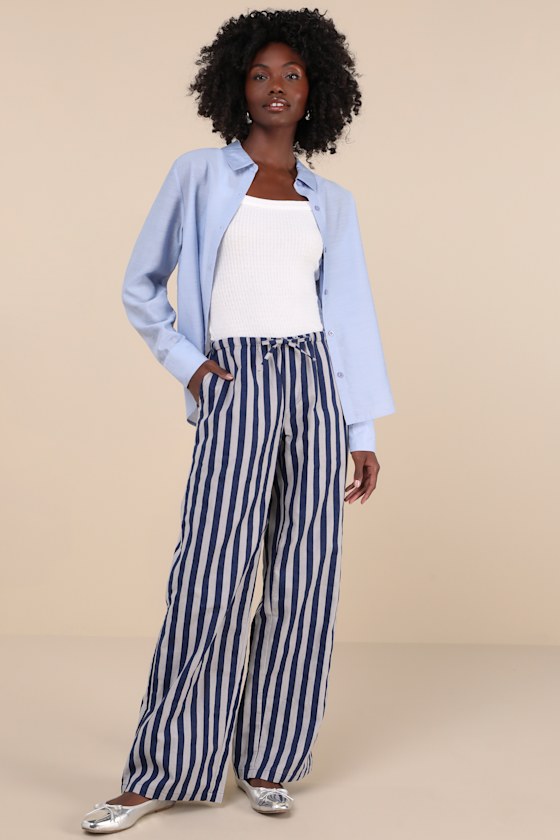 Motel Lirura Blue And Grey Striped Cotton Wide-leg Drawstring Pants