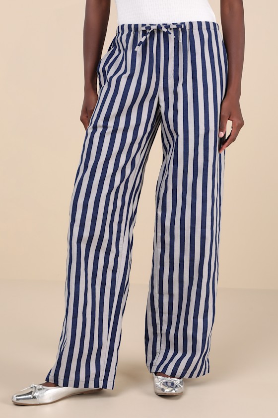 Shop Motel Lirura Blue And Grey Striped Cotton Wide-leg Drawstring Pants