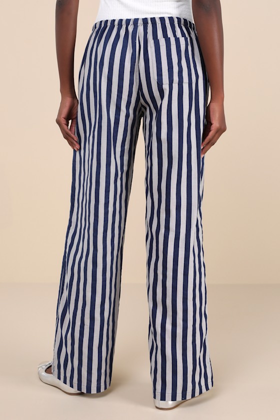 Shop Motel Lirura Blue And Grey Striped Cotton Wide-leg Drawstring Pants