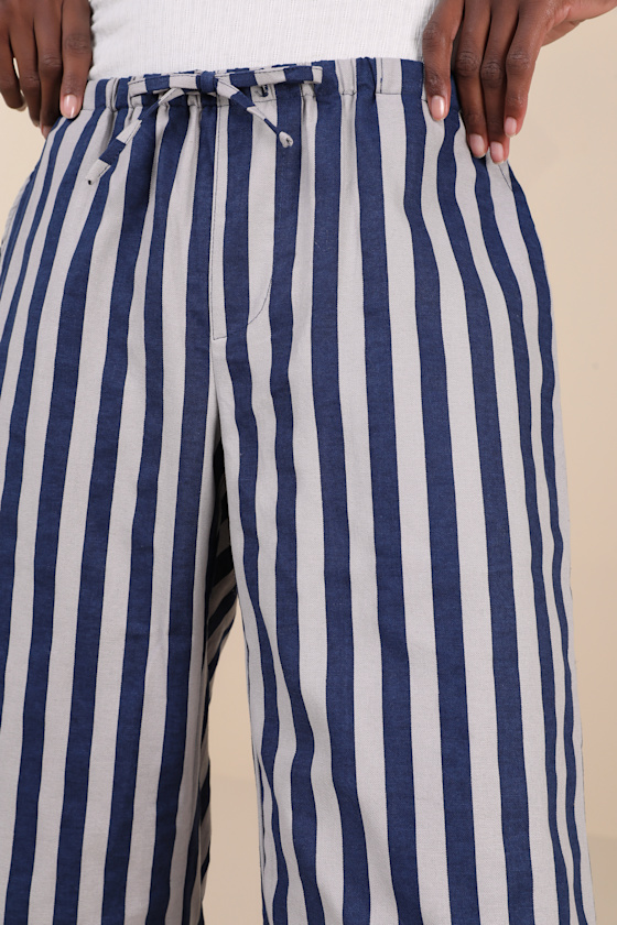 Shop Motel Lirura Blue And Grey Striped Cotton Wide-leg Drawstring Pants