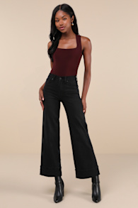 Palazzo Washed Black Denim Cuffed High-Rise Wide-Leg Jeans