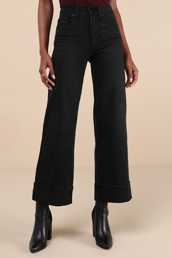 Palazzo Washed Black Denim Cuffed High Rise Wide-Leg Jeans 3