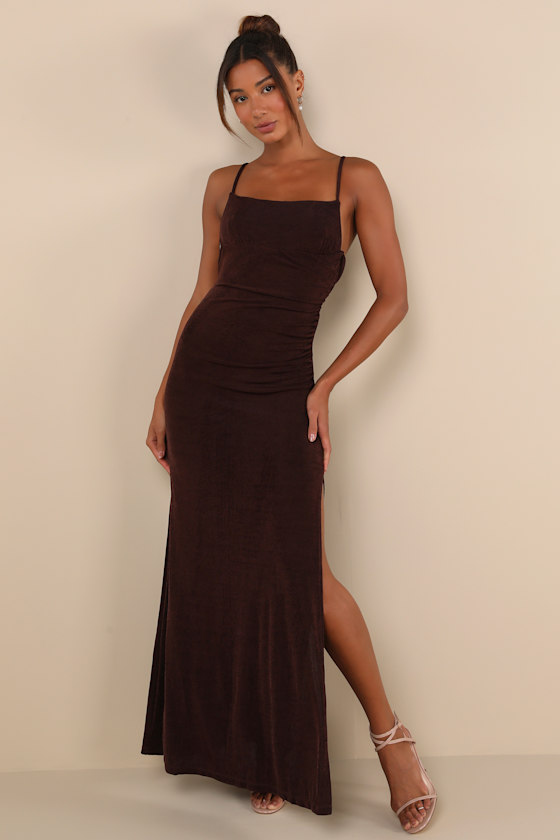 Complete Catch Brown Backless Lace Ruched Maxi Dress
