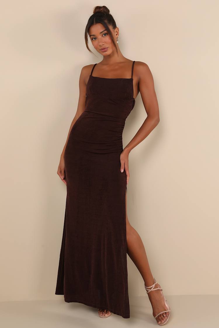 Complete Catch Brown Backless Lace Ruched Maxi Dress