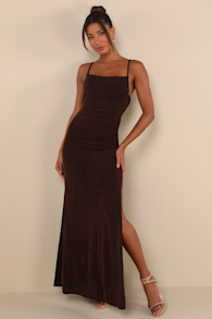 Complete Catch Brown Backless Lace Ruched Maxi Dress 8