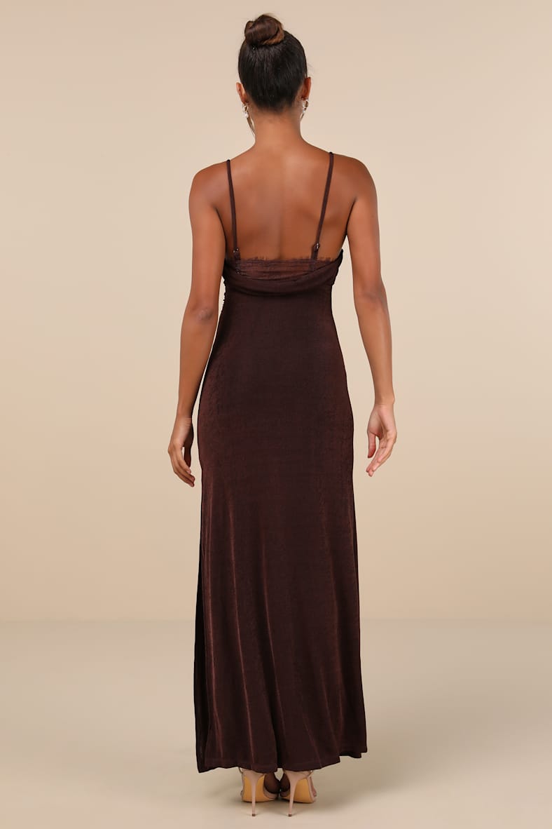 Complete Catch Brown Backless Lace Ruched Maxi Dress