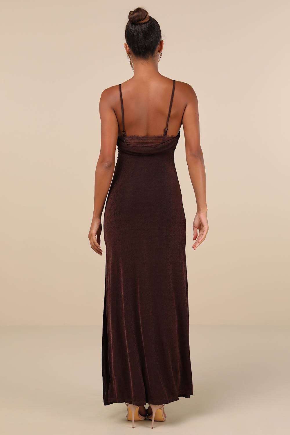 Complete Catch Brown Backless Lace Ruched Maxi Dress